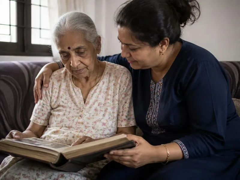 Caregiver looking through a family photo album with an elderly woman with Alzheimer's