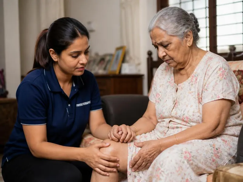 Physiotherapist easing joint stiffness for an elderly woman with arthritis at home
