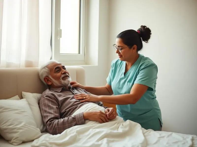 Trained attendant helping an elderly patient at home
