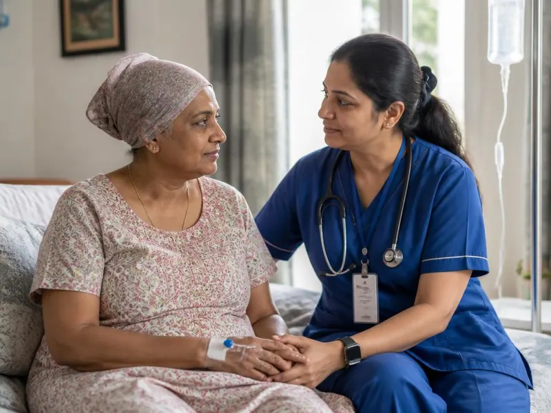 Home nurse comforting a cancer patient during treatment recovery at home