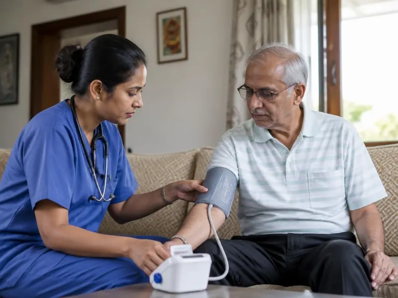 Home nurse measuring the blood pressure of an elderly heart patient