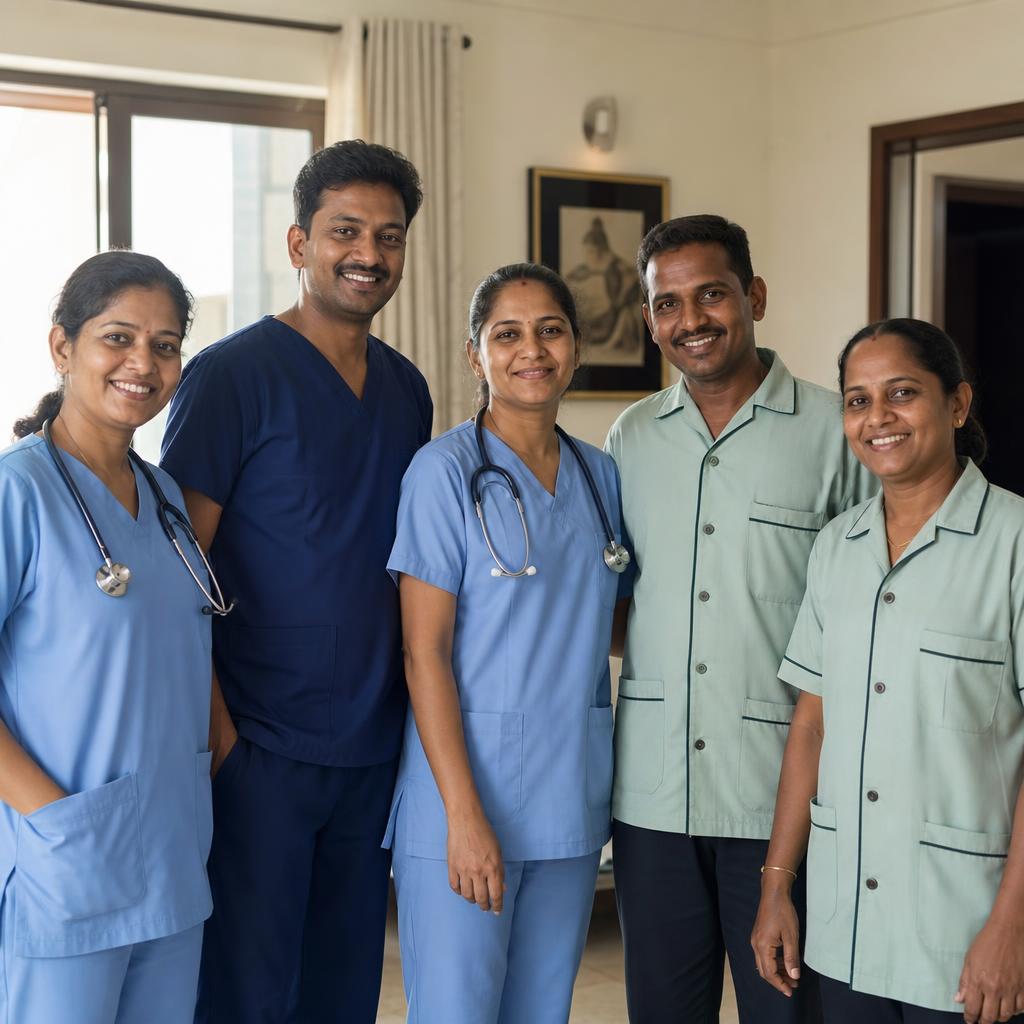 CareGlobal home healthcare team in Mumbai - nurses with stethoscopes and male and female patient attendants smiling together