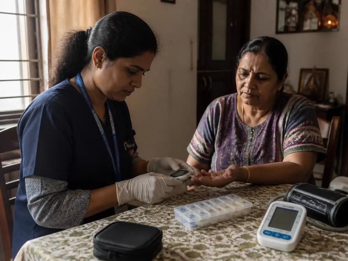 Home nurse checking a patient's blood sugar and weekly medication organiser