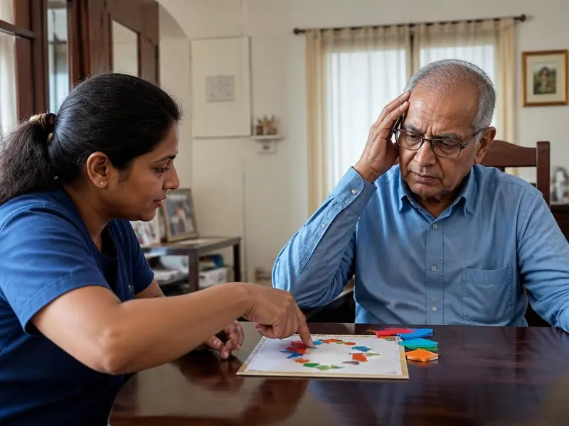 Caregiver doing a memory activity with an elderly man living with dementia