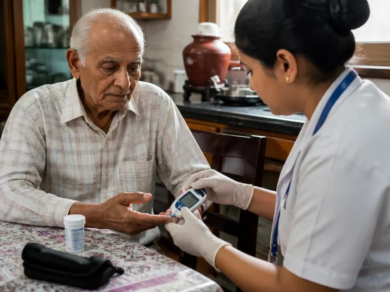 Nurse checking an elderly patient's blood sugar with a glucometer at home
