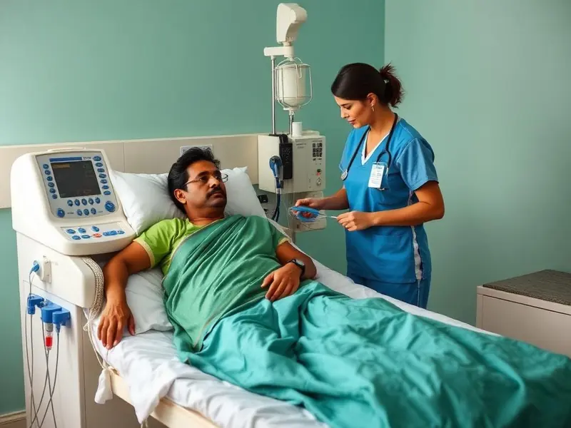 Nurse monitoring a dialysis machine beside a patient at home