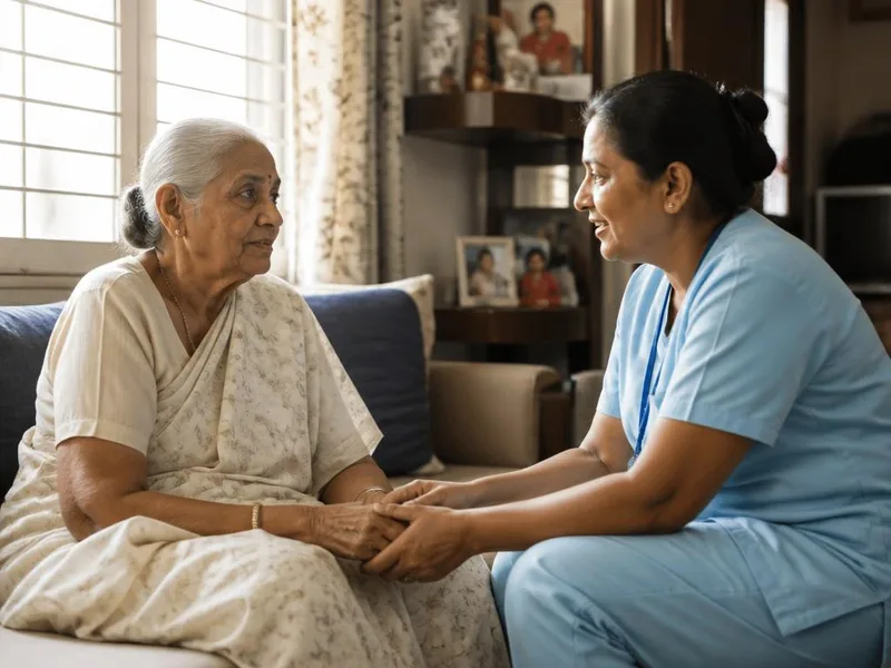 Caregiver walking with a smiling elderly woman at home