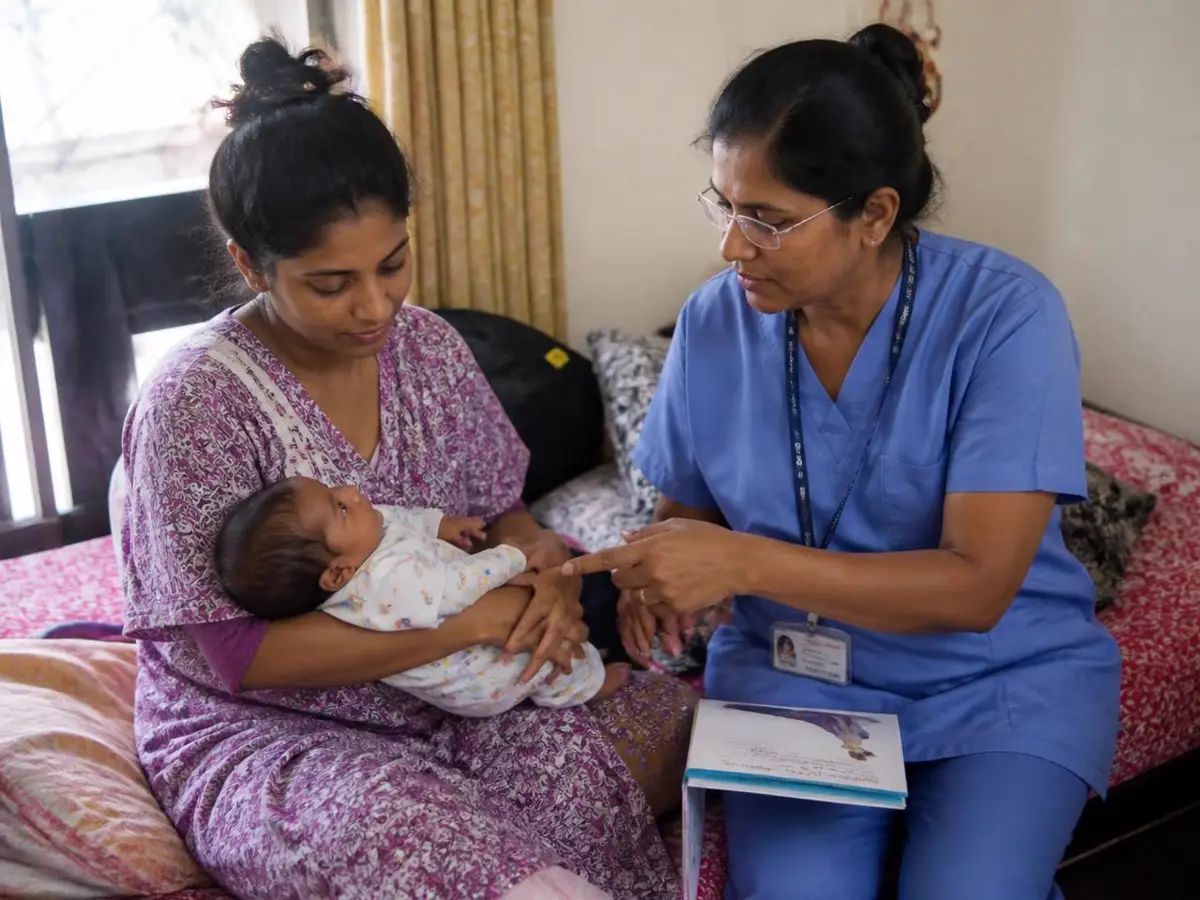 Postnatal nurse guiding a new mother caring for her infant at home