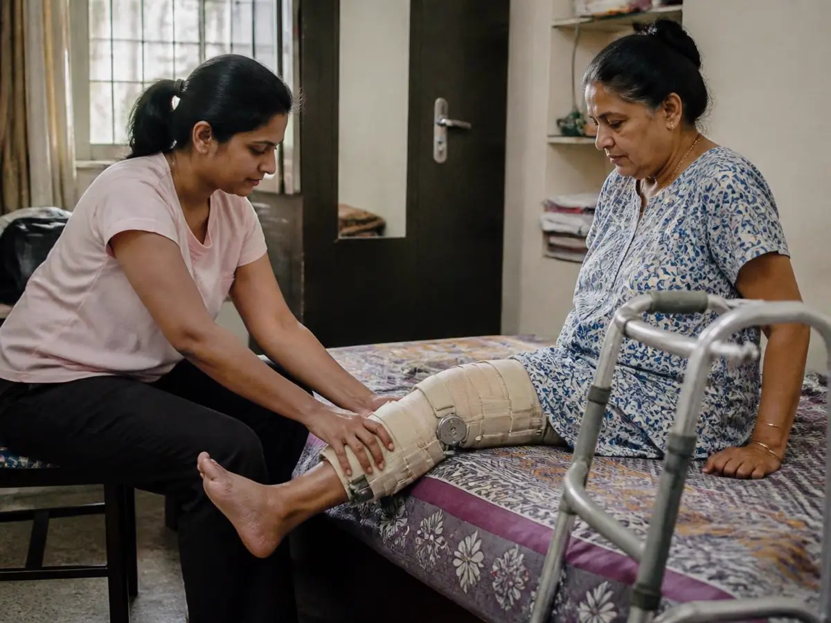 Physiotherapist mobilising the knee of a patient with a post-fracture brace at home