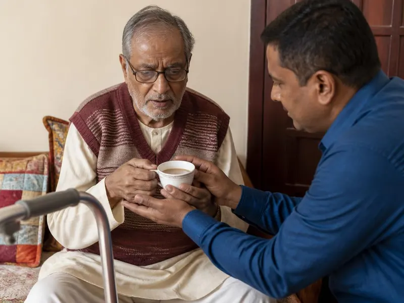 Caregiver steadying the hands of an elderly man with Parkinson's holding a cup