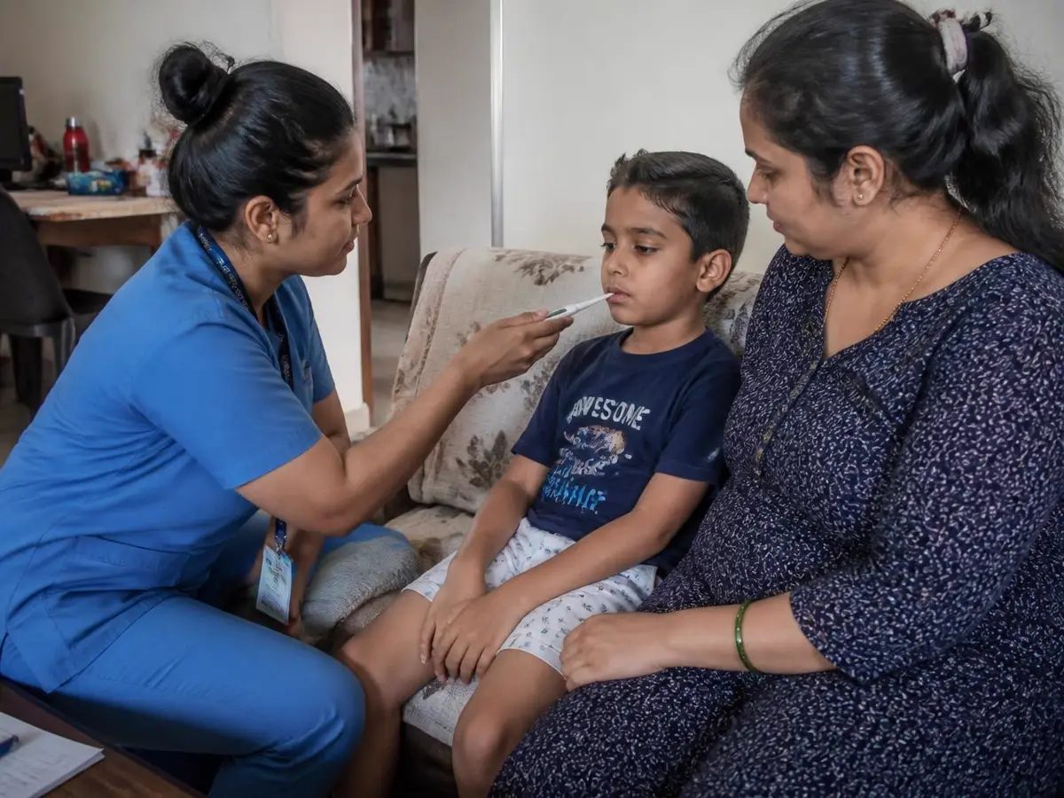 Paediatric home nurse checking a child's temperature with the mother present