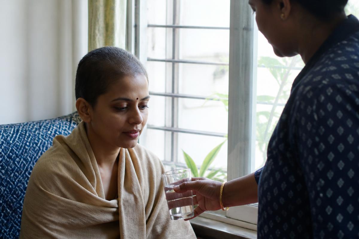 Caregiver handing a glass of water to a woman recovering after chemotherapy at home
