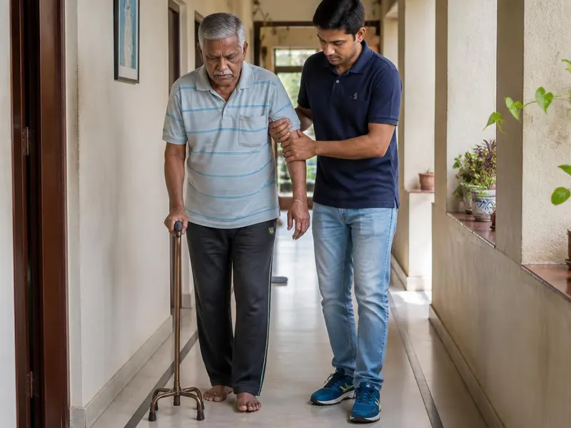 Attendant helping a stroke survivor walk with a cane at home