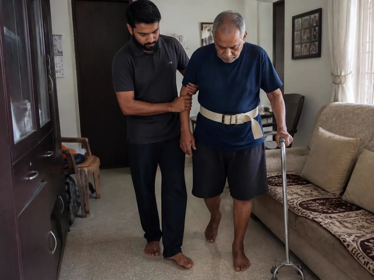 Therapist supporting a stroke patient practising walking with a cane at home