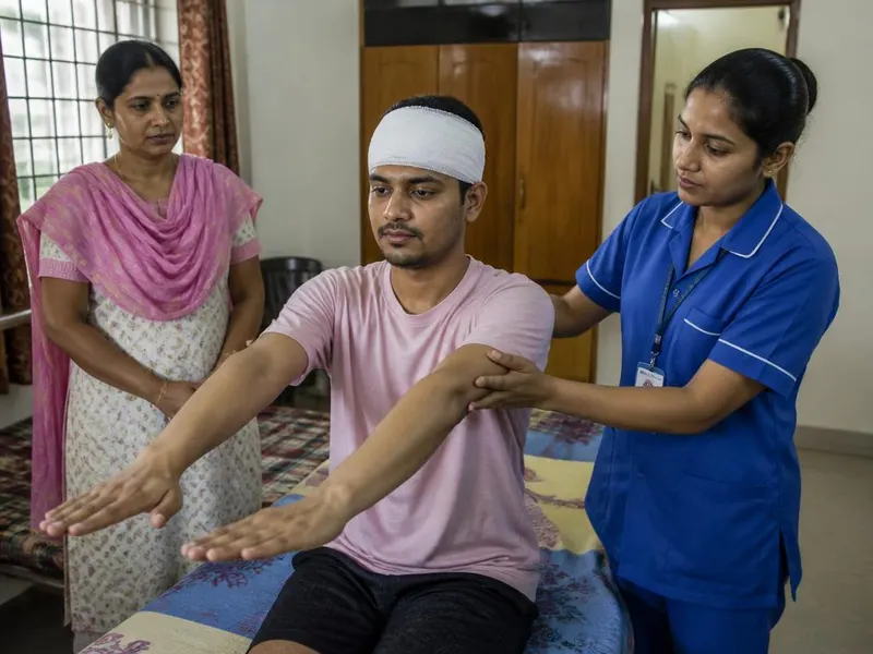 Nurse guiding rehabilitation exercises for a young man recovering from a brain injury