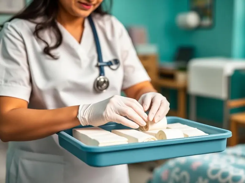 Nurse preparing a sterile dressing tray for wound and stoma care